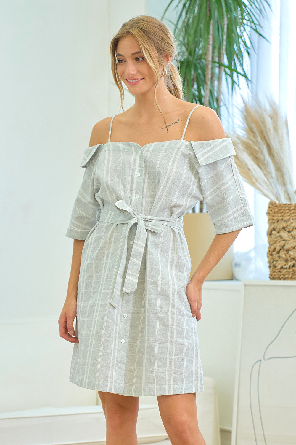 Short Plaid Off Shoulder Mini Dress