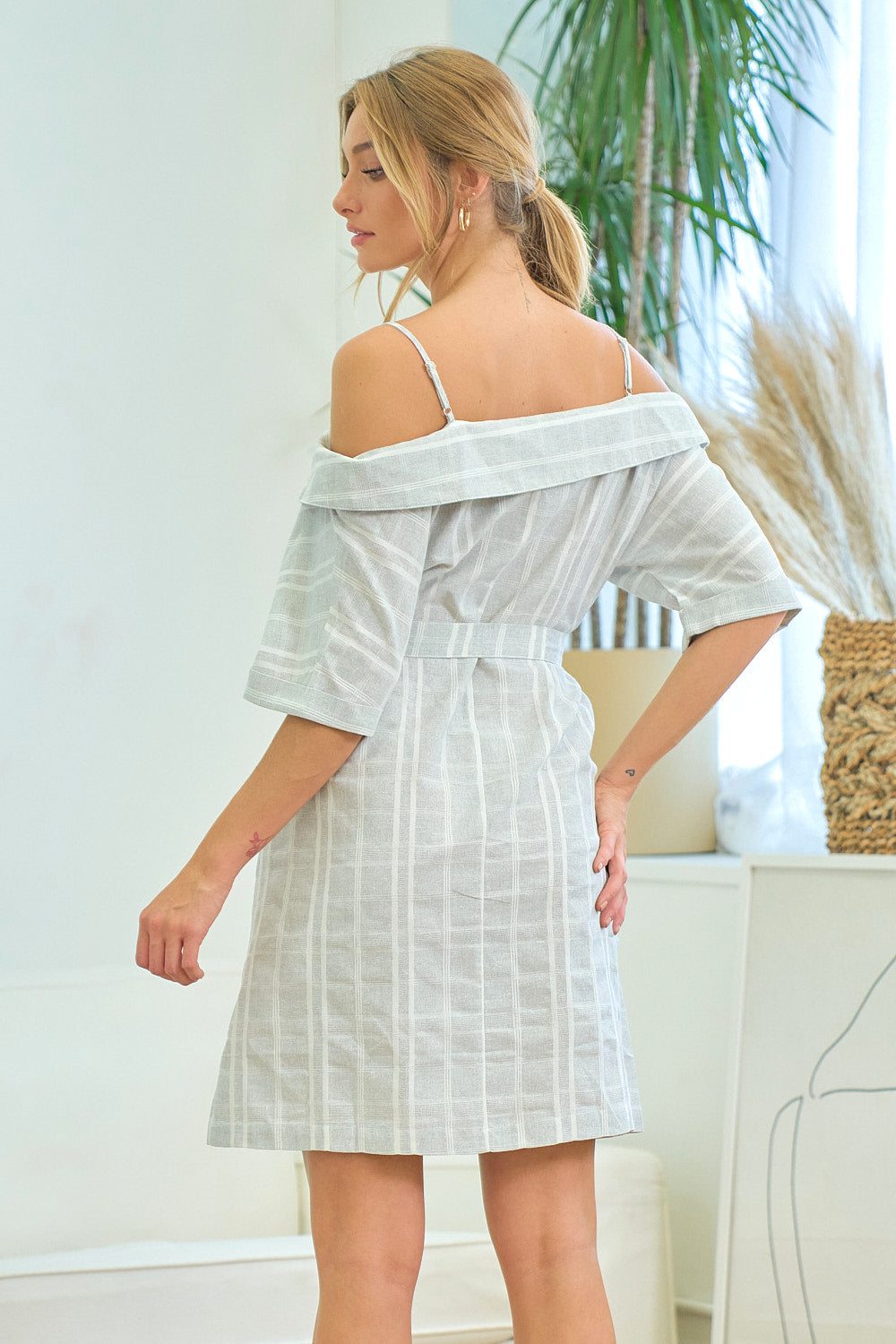 Short Plaid Off Shoulder Mini Dress