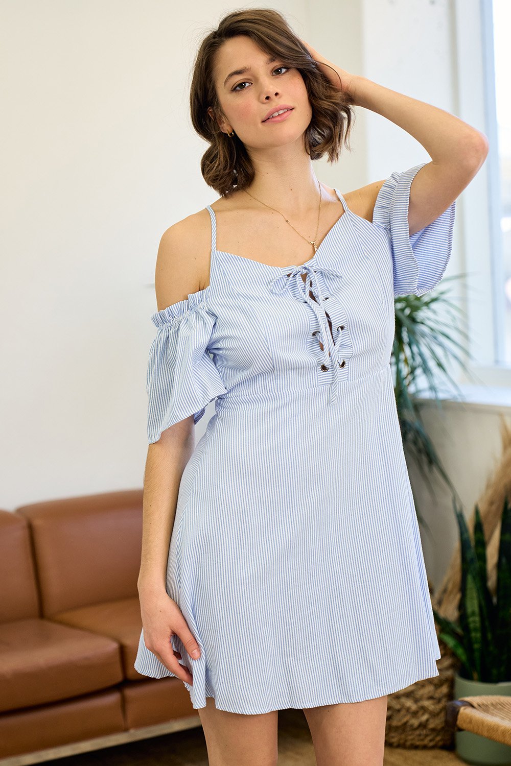 Short Off Shoulder Lace Up Striped Dress