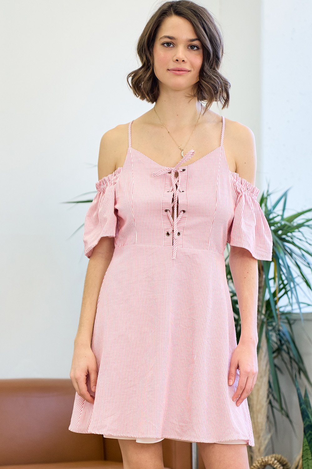 Short Off Shoulder Lace Up Striped Dress