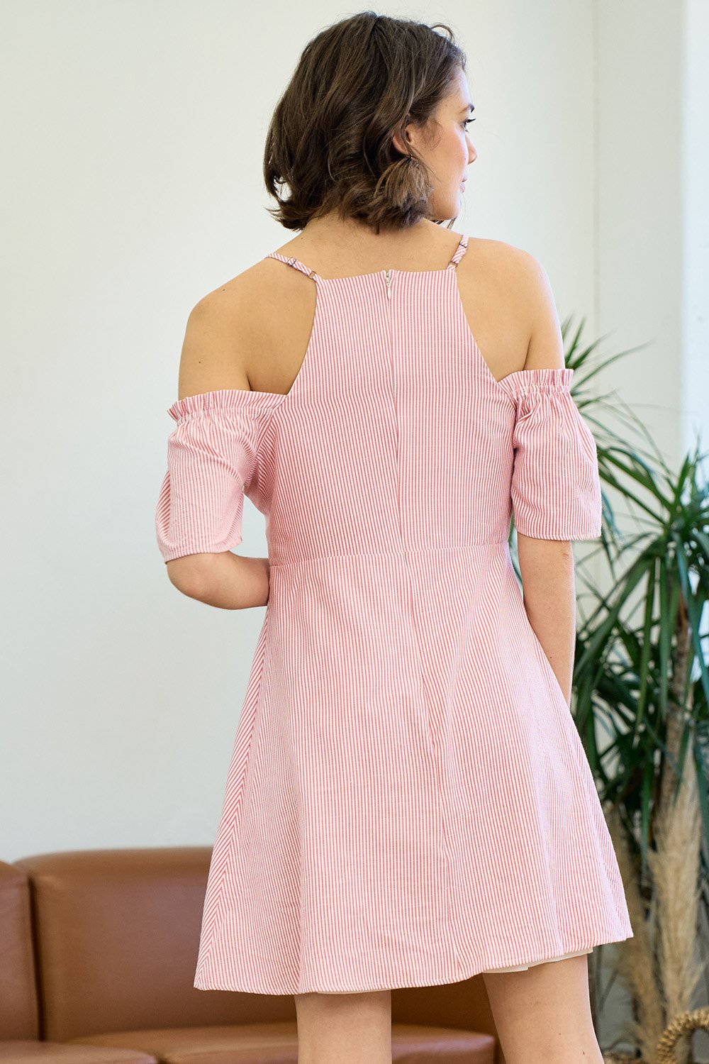 Short Off Shoulder Lace Up Striped Dress