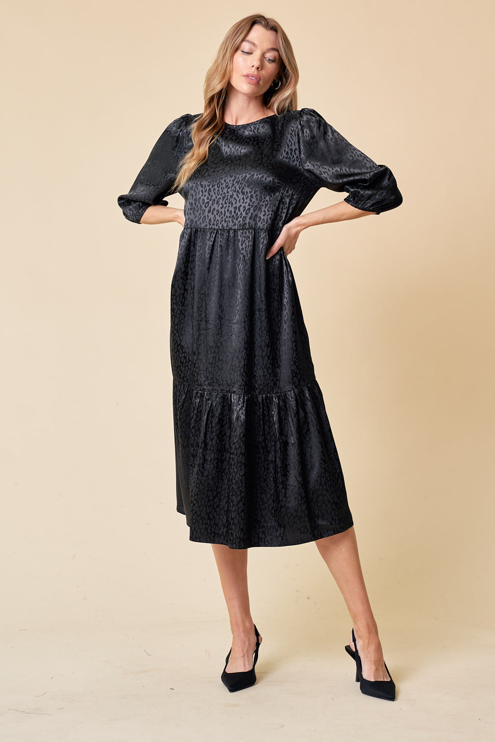 Semi Formal 3/4 Sleeve Tiered Midi Dress