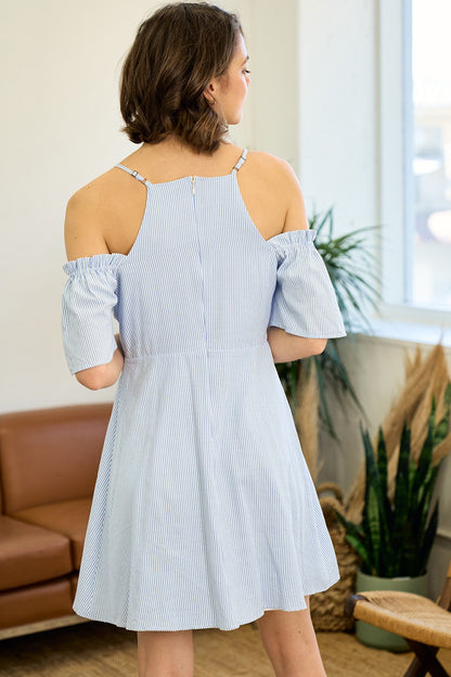 Short Off Shoulder Lace Up Striped Dress