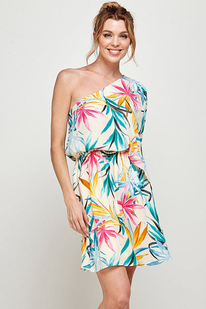 Short One Shoulder Tropical Print Dress