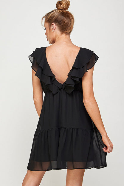 Short V Neck Ruffled Mini Dress
