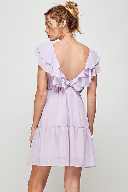 Short V Neck Ruffled Mini Dress