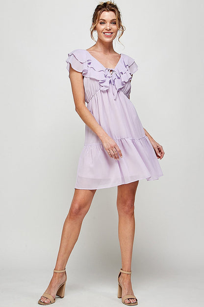 Short V Neck Ruffled Mini Dress
