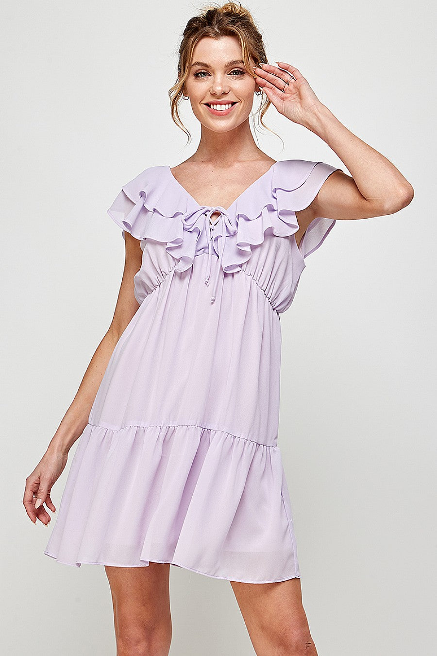 Short V Neck Ruffled Mini Dress