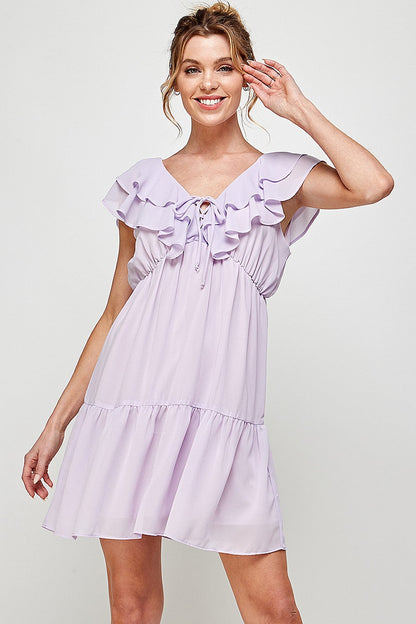 Short V Neck Ruffled Mini Dress
