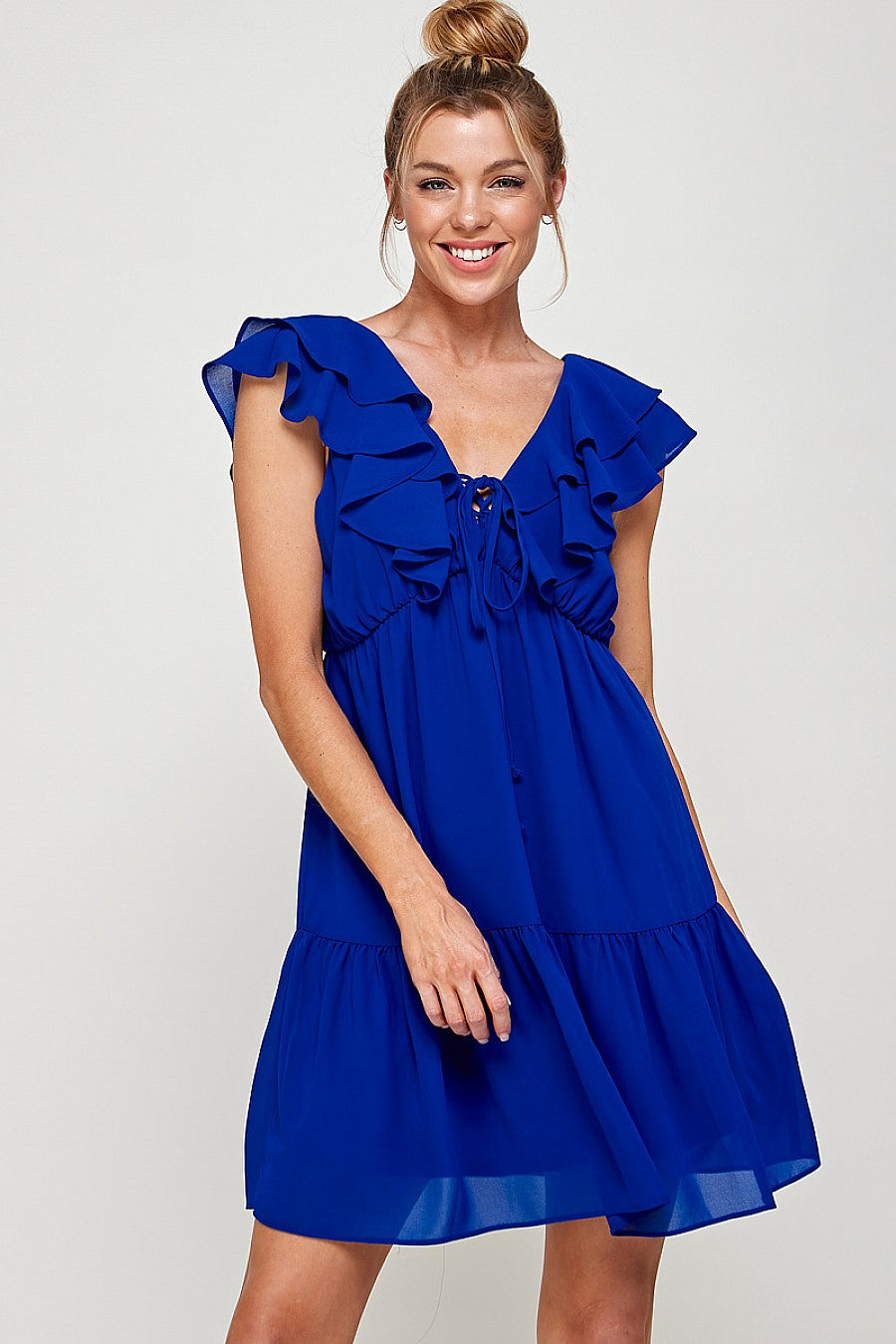 Short V Neck Ruffled Mini Dress