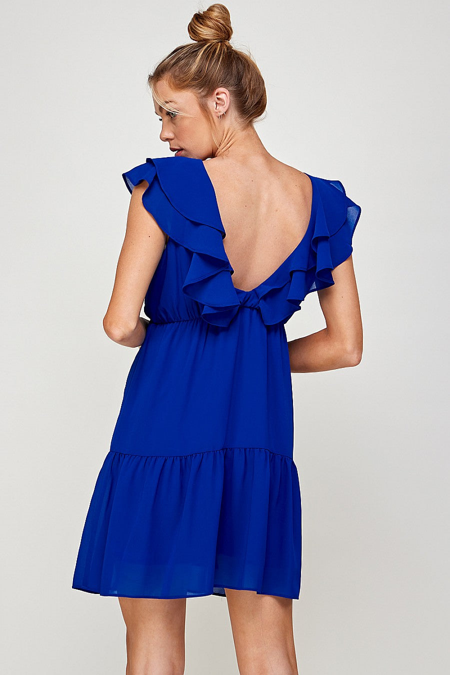 Short V Neck Ruffled Mini Dress