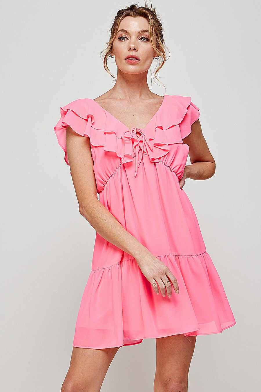 Short V Neck Ruffled Mini Dress