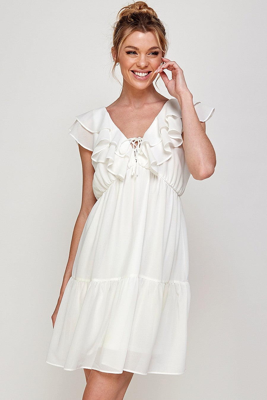 Short V Neck Ruffled Mini Dress