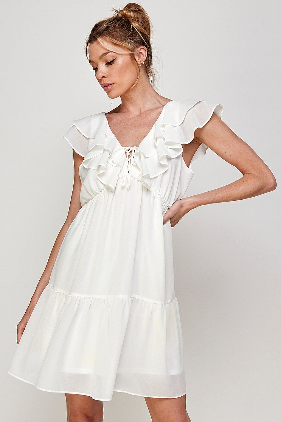 Short V Neck Ruffled Mini Dress